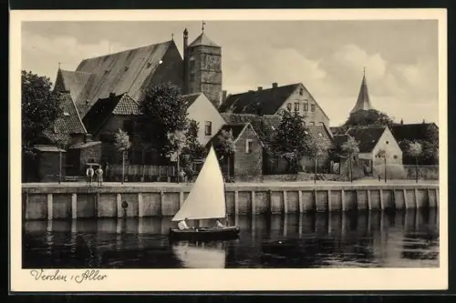 AK Verden /Aller, Blick auf Kirche und Allerufer mit Segelboot