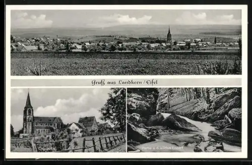 AK Landkern /Eifel, Ortsansicht, Kirche, Partie in d. Wilden Endert