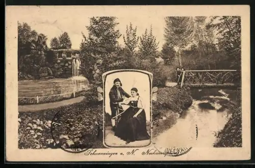 AK Schwenningen a. N., Neckarquelle, Trachtenpaar, Brücke