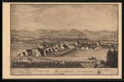 Künstler-AK Herrnhut, Gesamtansicht um 1757