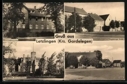 AK Letzlingen /Gardelegen, Lehrlingswohnheim, Magdeburger Strasse, Jagdschloss jetzt Krankenhaus, Markt