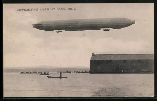 AK Zeppelin`sches Luftschiff Modell Nr. 4, schwebend über Wasser