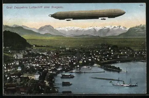 AK Bregenz, Zeppelins Luftschiff über der Stadt