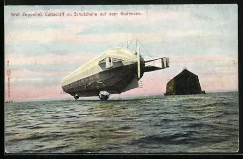 AK Graf Zeppelin`s Luftschiff mit Schutzhalle auf dem Bodensee