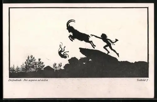 Künstler-AK Diefenbach: Schattenbild, Per aspera ad astra - Ziegenbock stösst Affen von einem Felsen