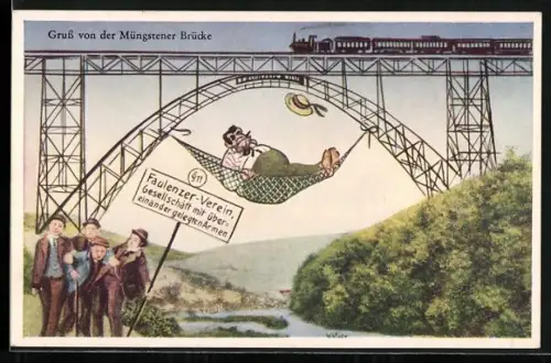 AK Müngsten, Müngstener Brücke mit Faulenzerverein und Eisenbahn
