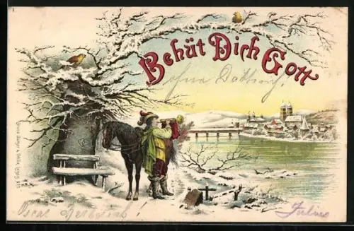Winter-Lithographie Der Trompeter von Säckingen mit Pferd am Baum, Behüt Dich Gott!