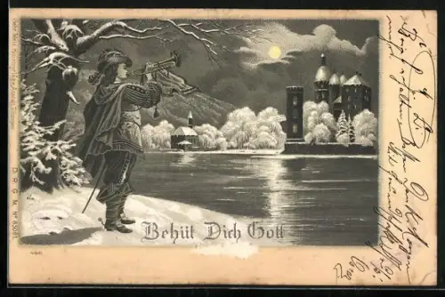 Lithographie Behüt Dich Gott im neuen Jahr!, Trompeter von Säckingen am Ufer stehend