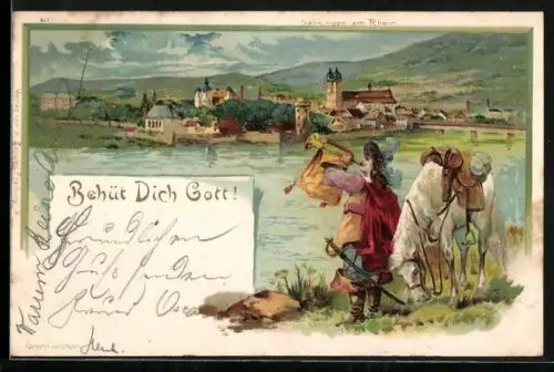 AK Behüt Dich Gott! Trompeter steht vor Säkkingen am Rhein