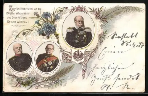 Lithographie zur Erinnerung an die 100 jähr. Wiederkehr des Geburtstages Kaiser Wilhelm I. in Uniform