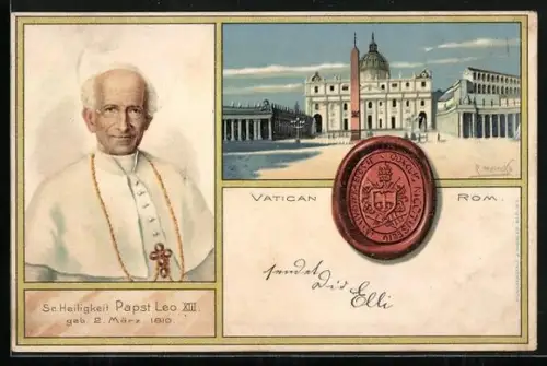AK Rom, Portrait von Papst Leo XIII., Blick auf den Petersplatz im Vatikan