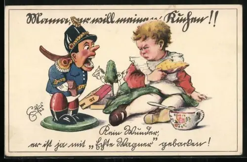 Künstler-AK Heinz Geilfus: Mama, der Nussknacker will meinen Kuchen, Kein Wunder, er ist ja mit Echte Wagner gebacken