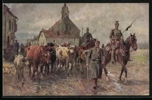 AK Deutsche Besetzung, Soldaten treiben eine Kuhherde aus der Ortschaft