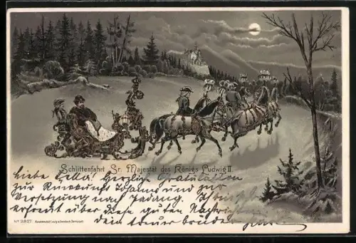 Lithographie König Ludwig II. von Bayern, Schlittenfahrt Sr. Majestät
