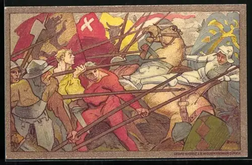 AK Schweizer Bundesfeier 1911, Schlachtszene, Ritter wird vom Pferd geworfen