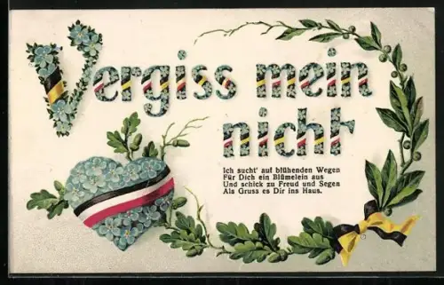 Glitzer-Perl-AK Eichen- und Lorbeerkranz, Vergissmeinnicht mit Zweibund-Fahnen und