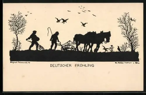 Künstler-AK Marta Sachse-Schubert: Deutscher Frühling, Schattenbild eines Pferdepflugs