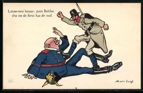 AK Karikatur: belg. Soldat schlägt auf dt. Offizier ein, Propaganda Entente