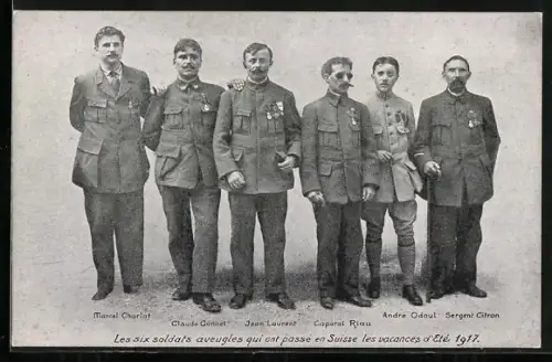 AK La Famille du Rameau d`Olivier - Les six soldats aveugles qui ont passé en Suisse..., Kriegsinvaliden
