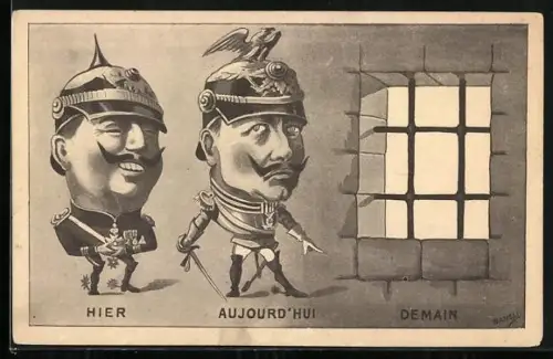 Künstler-AK Propaganda Entente, Kaiser Wilhelm II. lachend, entsetzt und (Halt gegen das Licht) im Gefängnis
