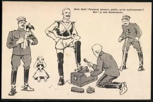 AK Schweizer Militärs putzen Kaiser Wilhelm II. Helm und Stiefel