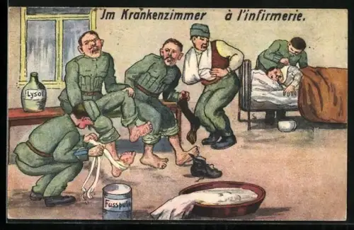 AK Im Krankenzimmer, schweizer Soldaten verbinden sich die Füsse
