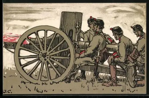 Künstler-AK Schweizer Geschütz beim Feuern