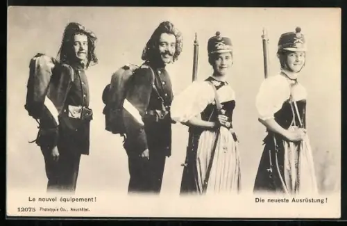 AK Rollentausch Soldaten mit Schleier und Fräuleins mit Gewehren und Tschako
