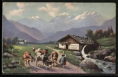Künstler-AK Mädchen mit Rindern auf dem Weg zur Weide, Schleichwerbung von Chocolat Cailler