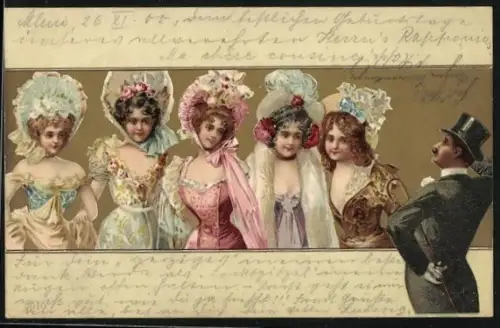 Künstler-AK Mann im Anzug blickt auf zauberhafte junge Frauen, Jugendstil