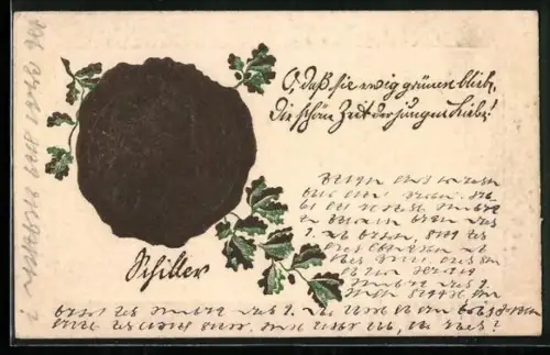 AK Fr. v. Schiller, goldenes Siegel mit Portrait, 1905-1905, Eichenblätter