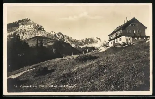 AK Kreuzeckhaus mit Blick auf Alp- und Zugspitze