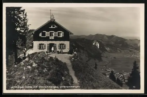 AK Starnberger Hütte, Berghütte mit Oberammergau und Unterammergau
