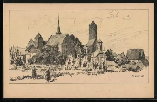 Künstler-AK Otto Ubbelohde: Schlitz / Hessen, Panoramablick auf den Ort