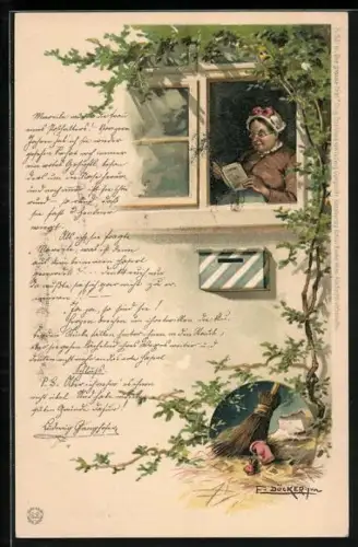 Künstler-Lithographie E. Döcker: Die grosse That, am Fenster lesende Greisin