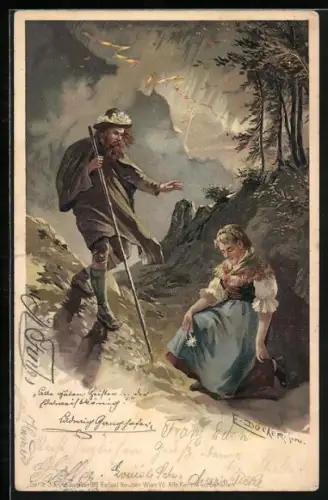 Künstler-AK E. Döcker: Bäuerin kient vor altem Wanderer, Edelweiss