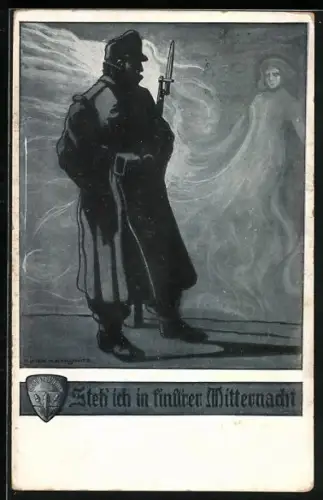 AK Deutscher Schulverein Nr. 659: Steh'ich in finst'ren Mitternacht, Soldat blickt auf einen Frauengeist