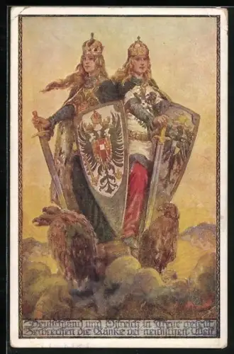 AK Deutscher Schulverein NR 757: Allegorie Deutschlands und Österreichs mit Schwertern, Schildern und Adlern, Sinnspruch