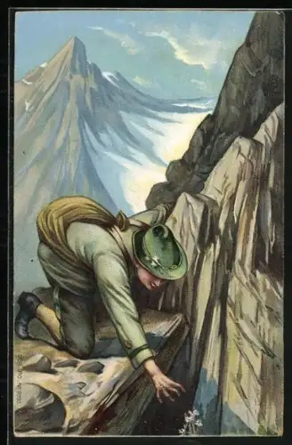 Lithographie Bergsteiger will Edelweiss pflücken