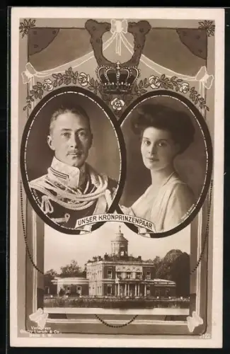 AK Das Kronprinzenpaar Friedrich Wilhelm und Cecilie mit Krone und Schloss