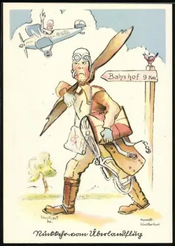 Künstler-AK Flieger-Humor, Rückkehr vom Übungsflug
