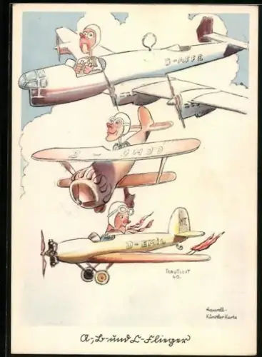Künstler-AK A-, B- und C-Flieger, Flugzeug D-Affe und D-Emil in der Luft