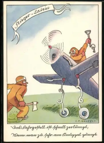 Künstler-AK Flieger-Humor, Das Fahrgestell ist schnell zerlumpt...