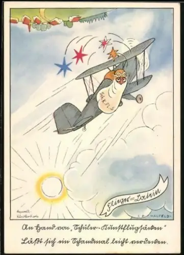 AK Pilot fliegt überkopf, Flieger-Latein