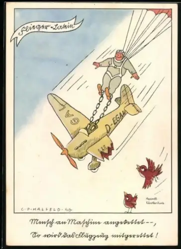 Künstler-AK Halfeld: ein Pilot mit Fallschirm ist an sein abstürzendes Flugzeug gekettet, Soldatenhumor