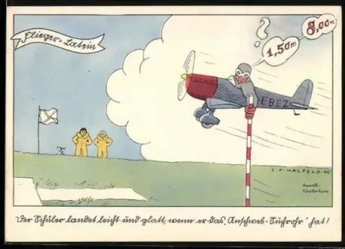 Künstler-AK Flieger-Humor, Pilot im Flugzeug an einer Messstange