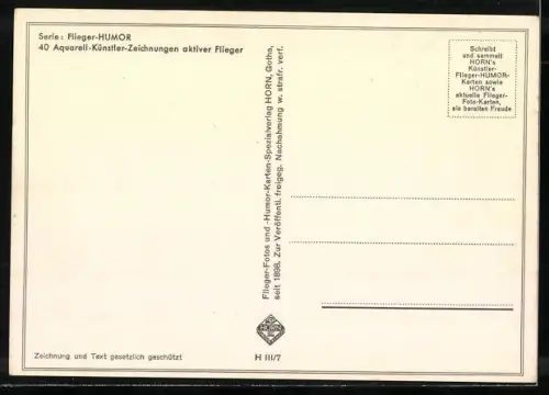 Künstler-AK Flieger-Humor, Pilot im Flugzeug an einer Messstange