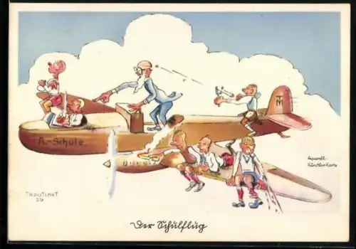 Künstler-AK Serie Flieger-Humor, Der Schulflug