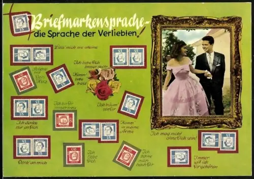 AK Briefmarkensprache mit jungem händehaltenden Paar