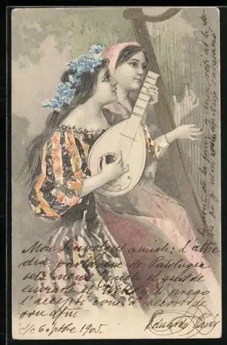 AK Zwei Mädchen musizieren mit Harfe und Laute im Jugendstil